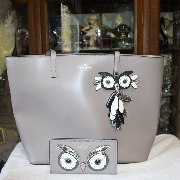 Kate Spade Gray Grey Owl City Tote Bag and Wallet Little Len Star Bright Bag - Picture 1 of 14